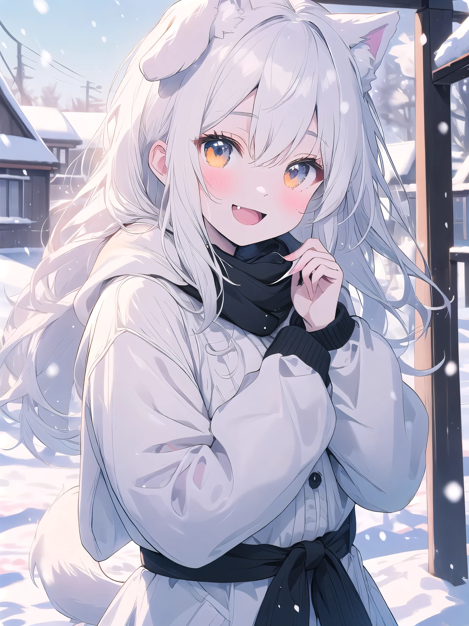 ((Pale colors)),white hair, dog ears, sparkle, film grain, UHd, masterpiece, super detail, high details, high quality, highres, best quality, 4K,claw pose,upper body,fang,:d,aran sweater,Samoyedの女の子、Samoyed,Fluffy clothes、cute、Background of the snow country,((dog tail)),Fluffy scarf,Snow is falling,Light production