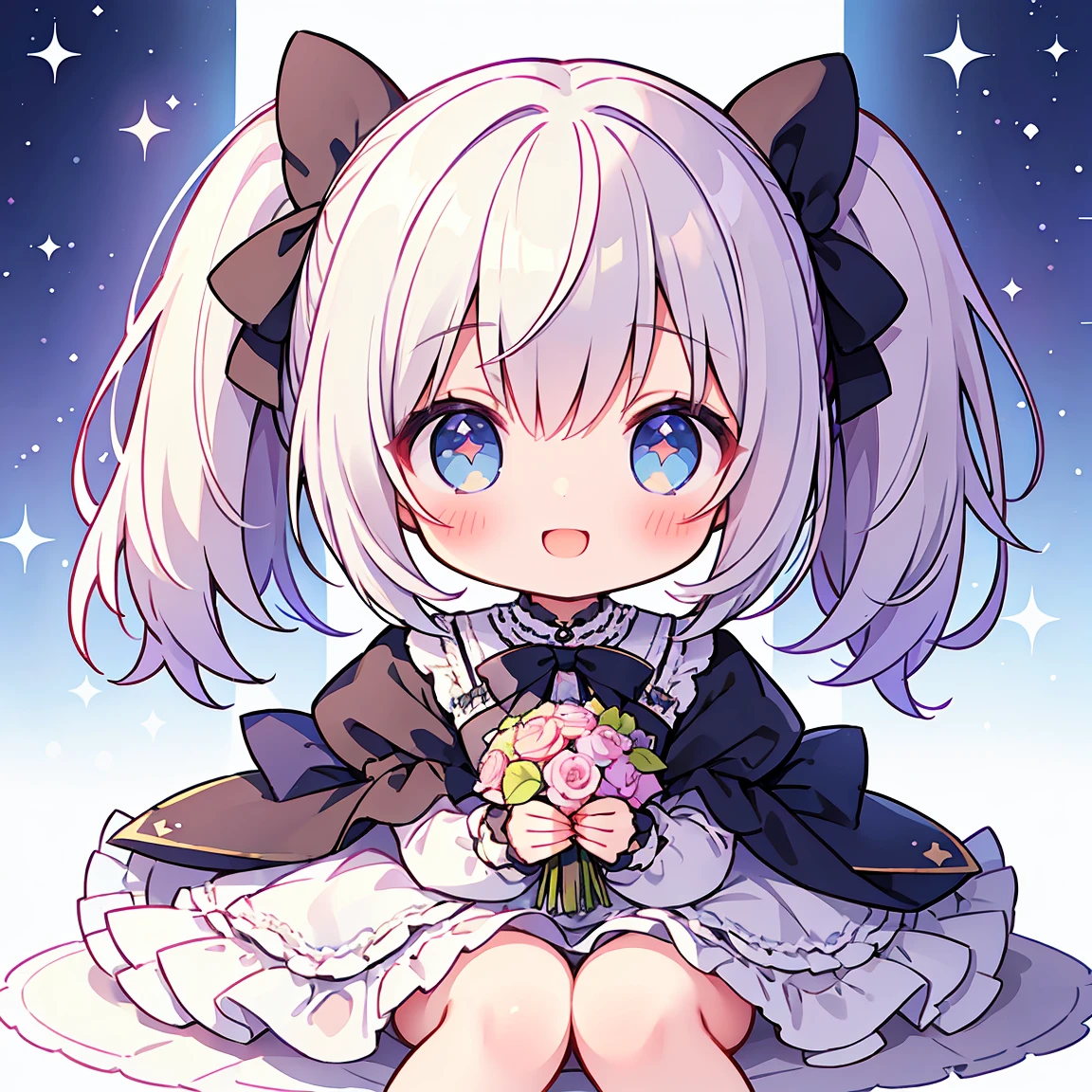 masterpiece, Highest quality, Highest Resolution、One Girl, short hair, pastel colour、Gothic Lolita、Holding a bouquet in both hands、Cute Dresses、Sparkling eyes、A smile that will captivate you、White background、Very long twin tails、Sitting、Looking at me、View from the right oblique top、whole body