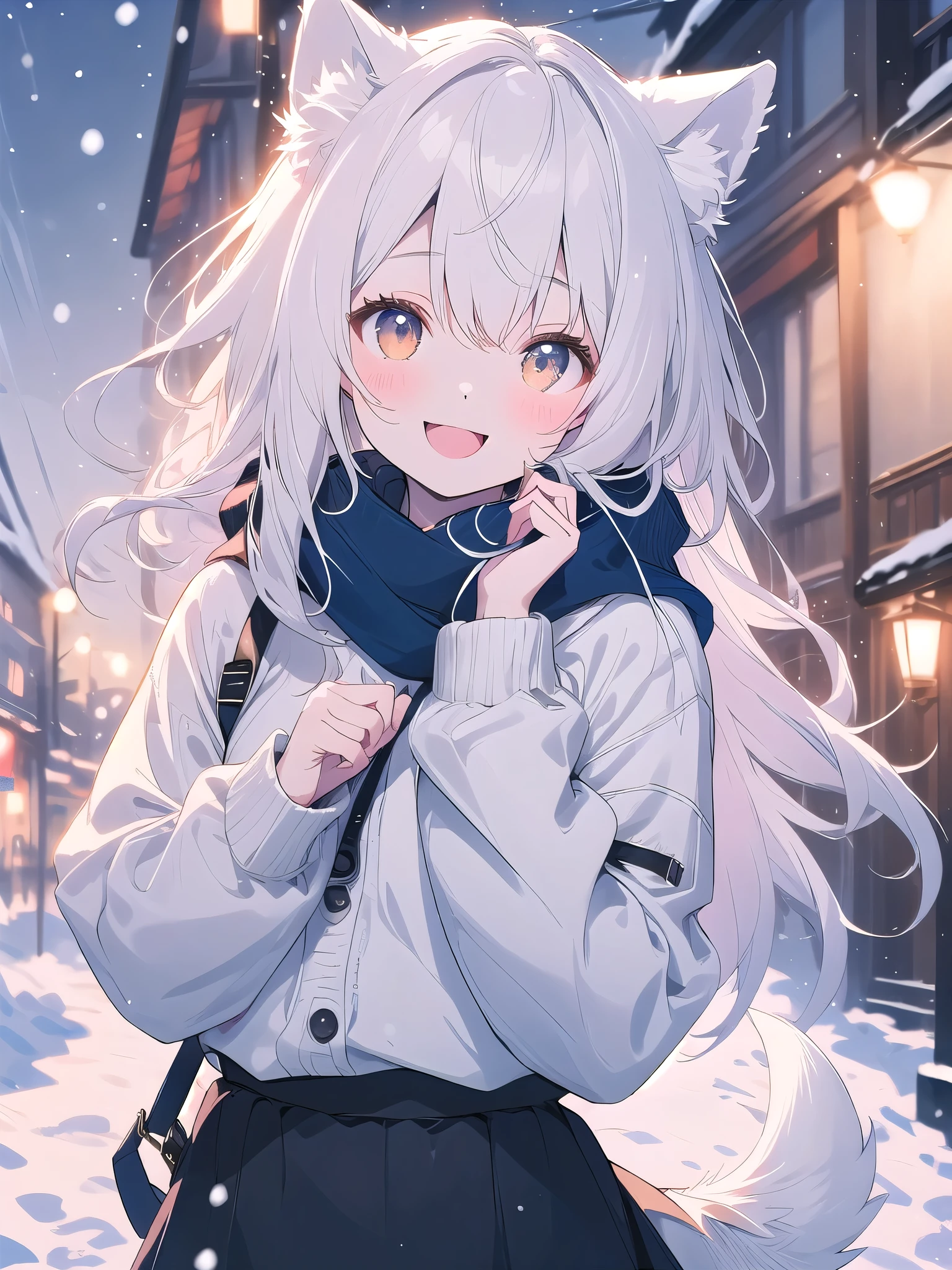 ((Blurred)),(Pale colors),white hair, dog ears, sparkle, film grain, UHd, masterpiece, super detail, high details, high quality, highres, best quality, 4K,claw pose,upper body,fang,:d,aran sweater,Samoyedの女の子、Samoyed,Fluffy clothes、cute、Background of the snow country,((dog tail)),Fluffy scarf,Snow is falling,Light production、Street lights illuminate