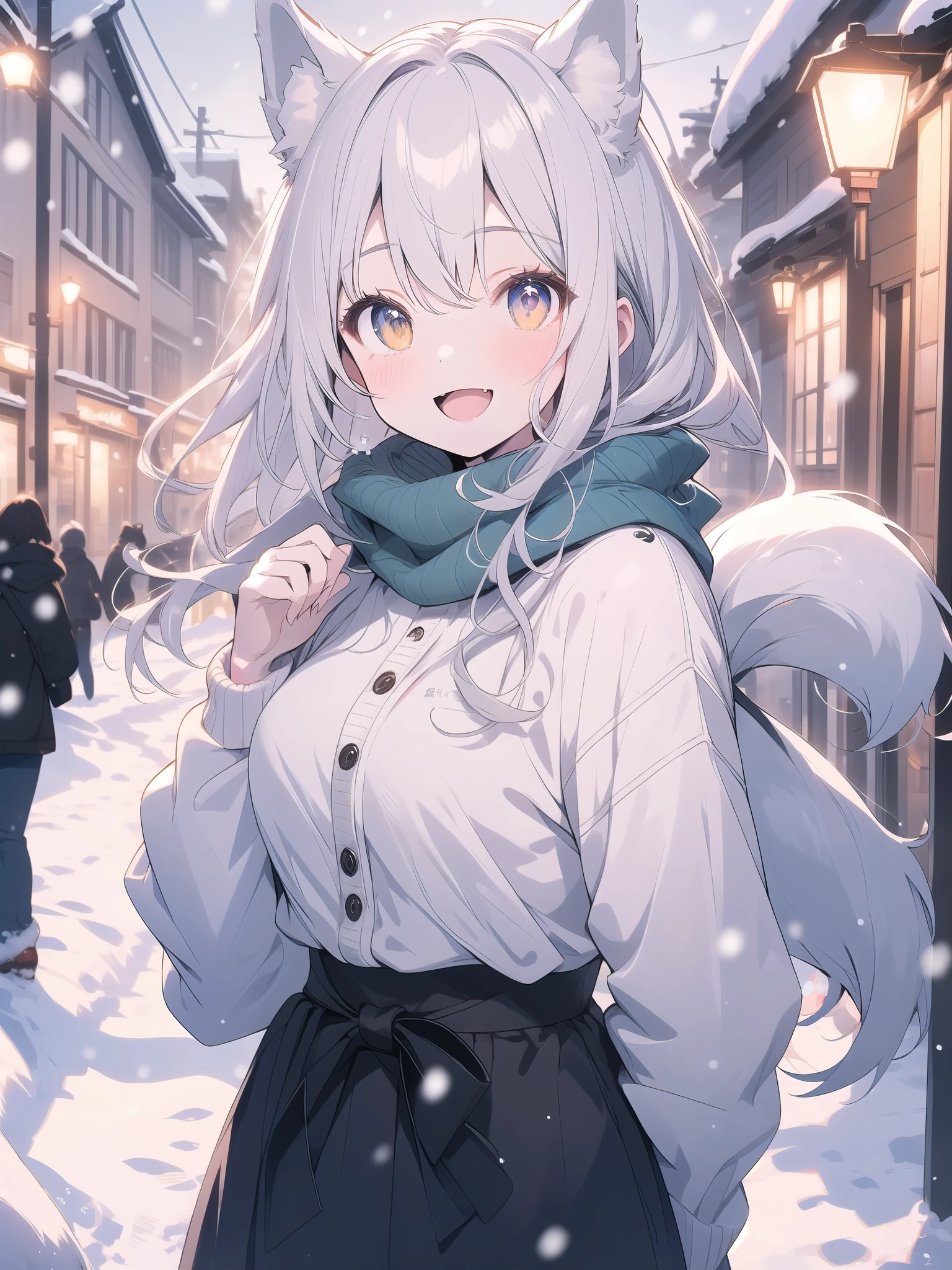 ((Blurred)),(Pale colors),white hair, dog ears, sparkle, film grain, UHd, masterpiece, super detail, high details, high quality, highres, best quality, 4K,claw pose,upper body,fang,:d,aran sweater,Samoyedの女の子、Samoyed,Fluffy clothes、cute、Background of the snow country,((dog tail)),Fluffy scarf,Snow is falling,Light production、Street lights illuminate