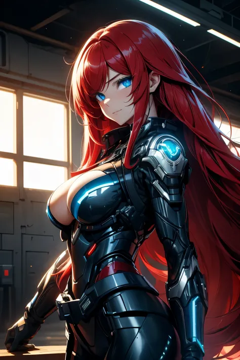 masterpiece , girl ,Big Breasts. Very long red hair , ((Shining blue eyes)) ,  Slope , Perfect figure , ( Techwear:1.2) , cyber ...