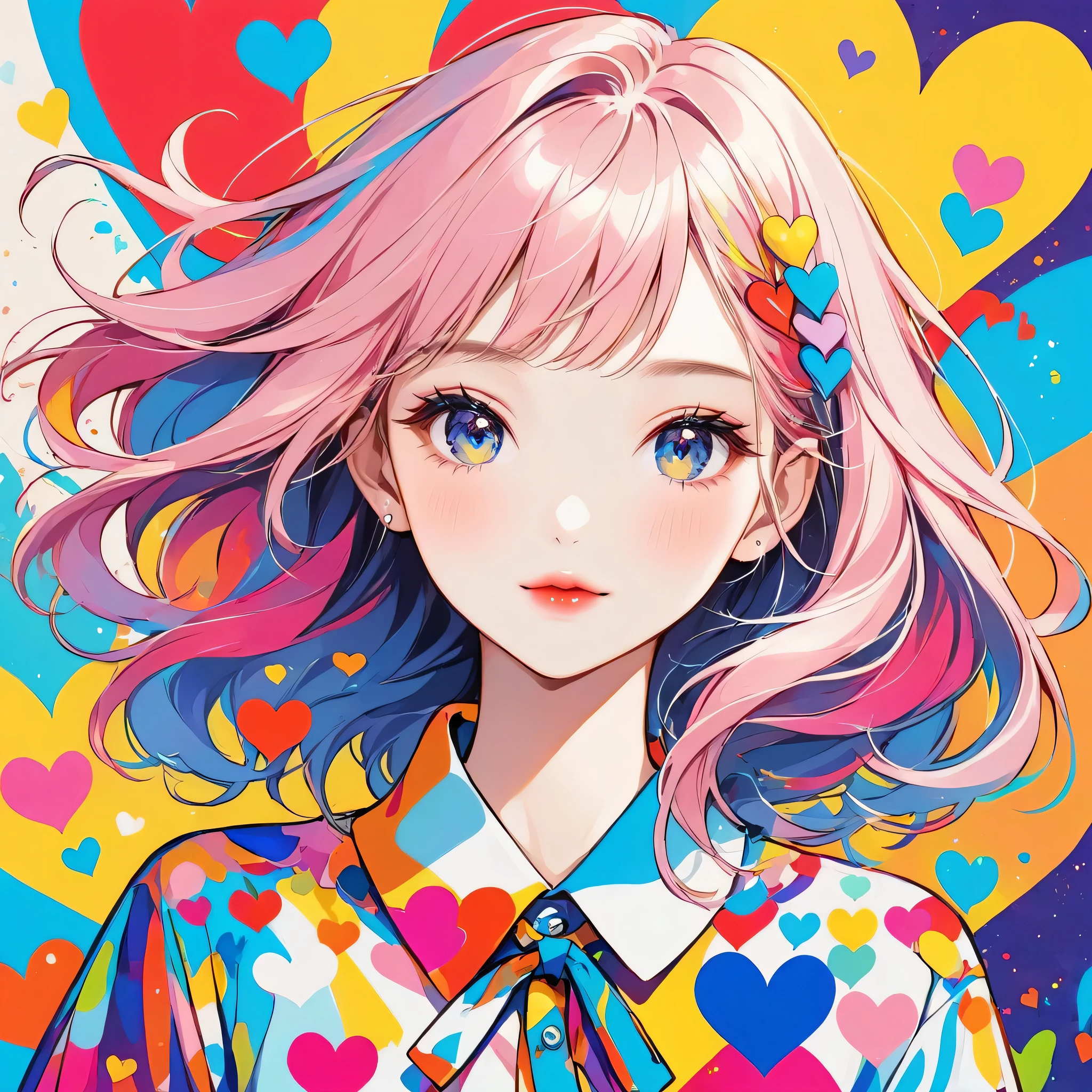 Mika Pikazo colorful style, Simple Line Initialism，Abstract art，Urban Background, (((The most beautiful girl of all time))), Sweet face. Lips in love, colorful hearts, stylish design