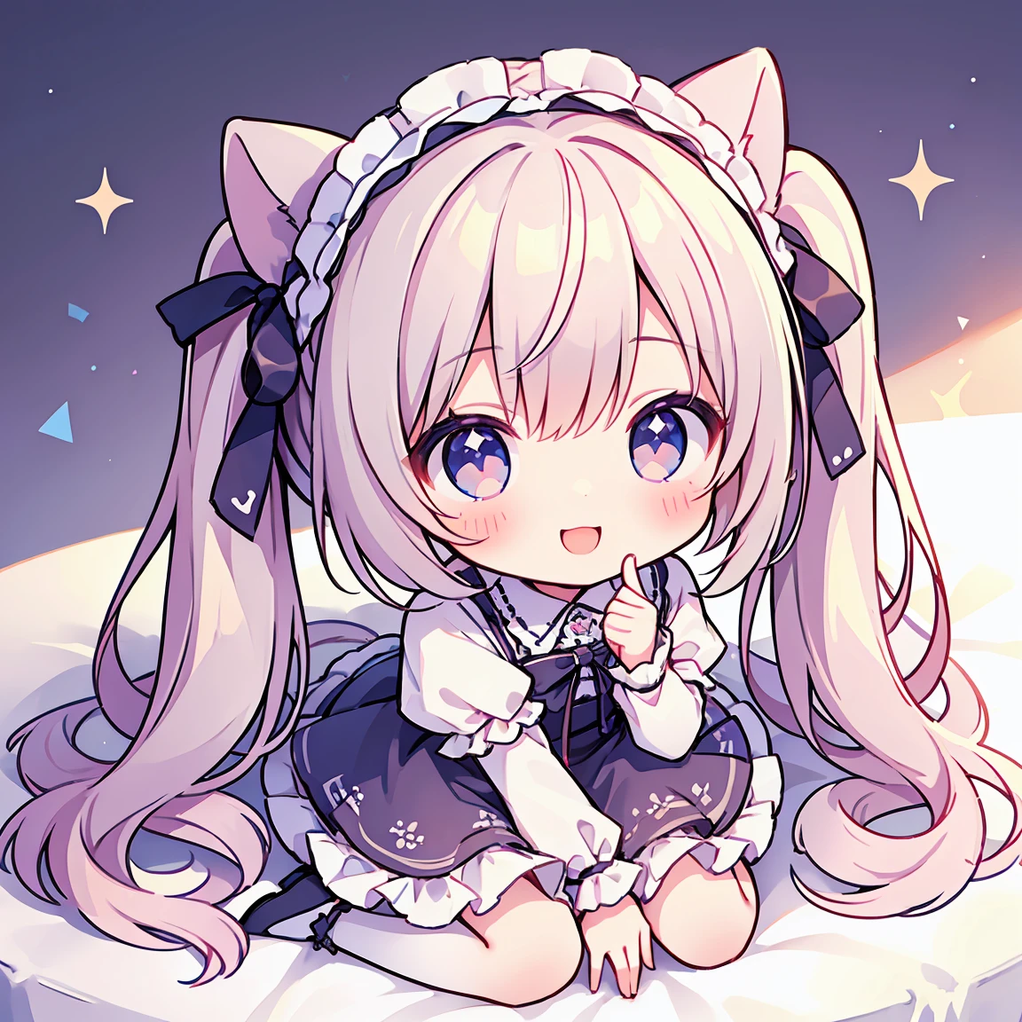 masterpiece, Highest quality, Highest Resolution、One Girl、from above, Looking up、full body、pastel colour、Gothic Lolita、Heart with fingers、Cute Dresses、Sparkling eyes、A smile that will captivate you、White background、Very long twin tails、Sitting、Looking at me、