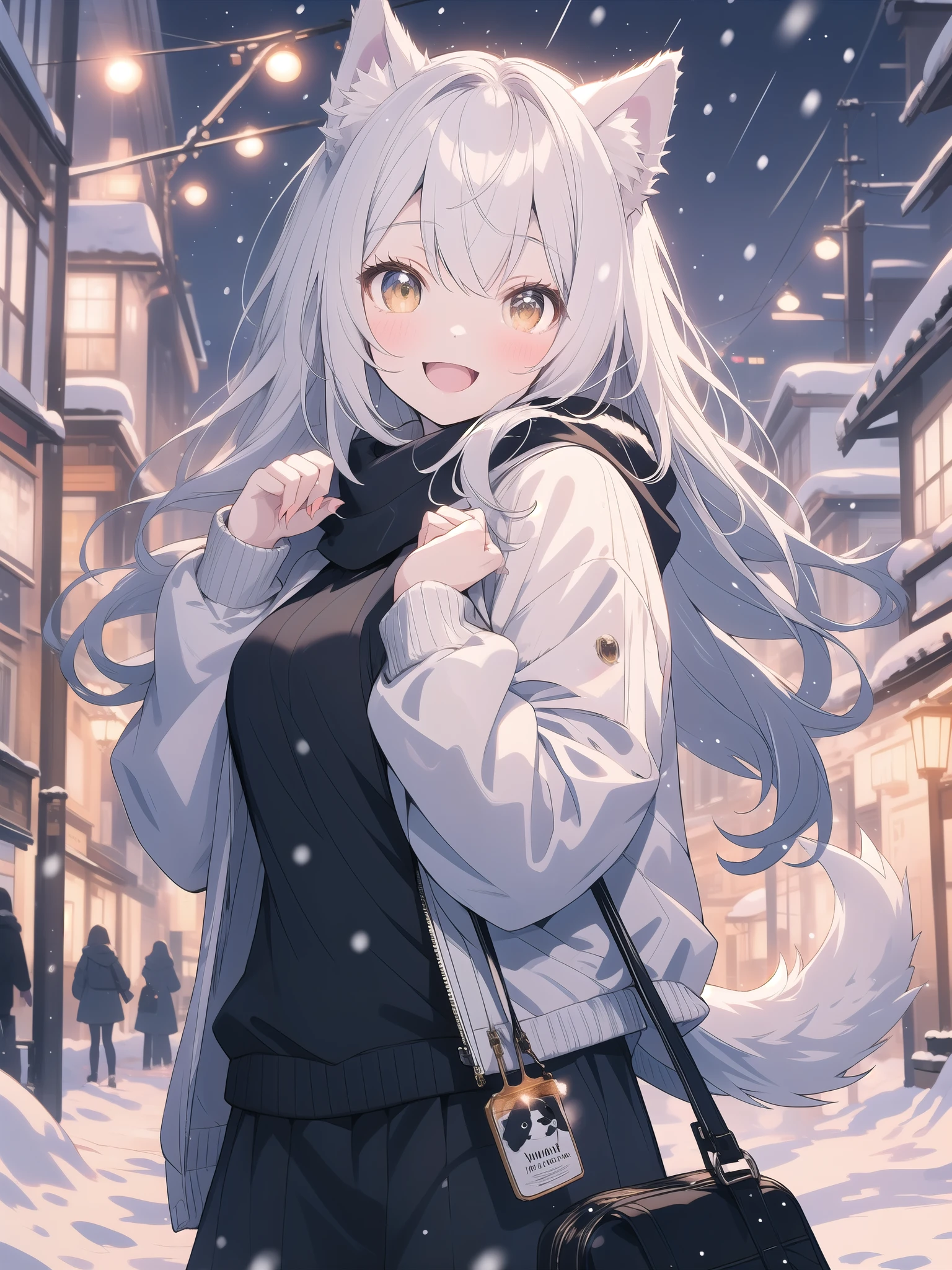 ((Blurred)),(Pale colors),Golden Ratio,white hair, dog ears, sparkle, film grain, uhd, masterpiece, super detail, high details, high quality, highres, best quality, 4K,((claw pose)),upper body,fang,:d,aran sweater,Samoyed girl、Samoyed,Fluffy clothes、cute、Background of the snow country,((dog tail)),Fluffy scarf,Snow is falling,Light production、Street lights illuminate,Beautiful night view