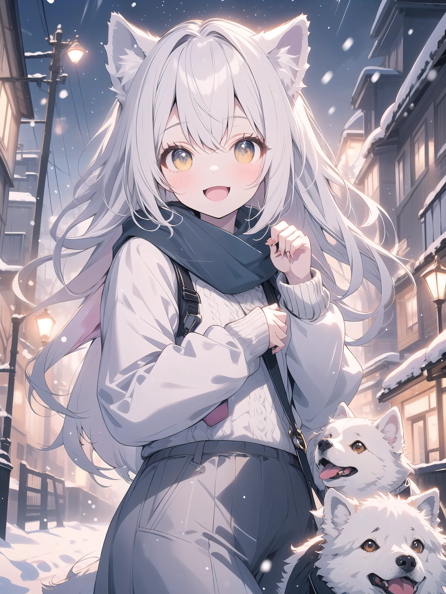 ((Blurred)),(Pale colors),Golden Ratio,white hair, dog ears, sparkle, film grain, uhd, masterpiece, super detail, high details, high quality, highres, best quality, 4K,((claw pose)),upper body,fang,:d,aran sweater,Samoyed girl、Samoyed,Fluffy clothes、cute、Background of the snow country,((dog tail)),Fluffy scarf,Snow is falling,Light production、Street lights illuminate,Beautiful night view