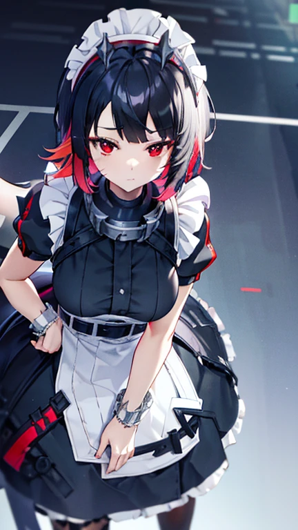 Solo,1girl (big breast) (masterpiece, best quality: 1.2), Ellen Jo, Zenless Zone Zero, alternate costume, maid, shark tail, (shark girl: 0.5), short hair, black hair, red eyes, tail, multicolored hair, black footwear, short sleeves, apron, wrist cuffs, maidheaddress, stockings, nyantchaellen joe, black hair, red hair, colored inner hair, multicolored hair, (red eyes: 1.3), red hair, short hair, two-tone hair, apron, black shirt, ear piercing, arrogant look, like an owner, stand, front shot, middle shot, Cymopunk, modern, sense of technology, on the roof, high-rise buildings