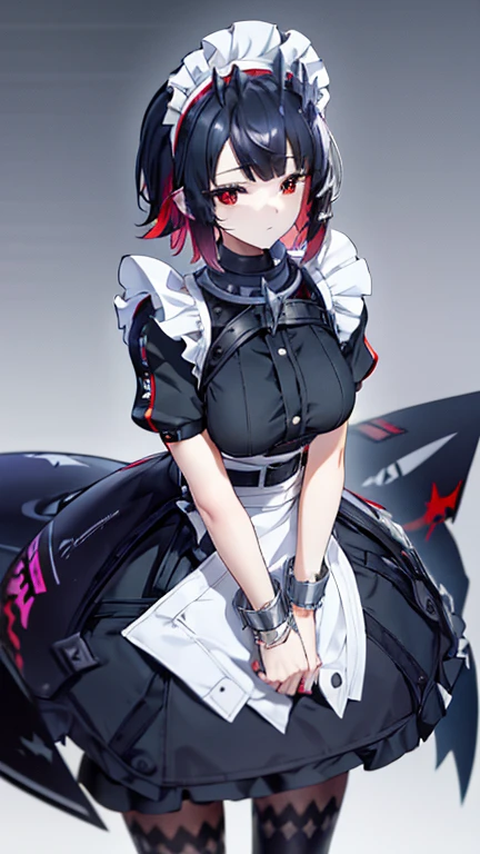 Solo,1girl (big breast) (masterpiece, best quality: 1.2), Ellen Jo, Zenless Zone Zero, alternate costume, maid, shark tail, (shark girl: 0.5), short hair, black hair, red eyes, tail, multicolored hair, black footwear, short sleeves, apron, wrist cuffs, maidheaddress, stockings, nyantchaellen joe, black hair, red hair, colored inner hair, multicolored hair, (red eyes: 1.3), red hair, short hair, two-tone hair, apron, black shirt, ear piercing, arrogant look, like an owner, stand, front shot, middle shot, Cymopunk, modern, sense of technology, on the roof, high-rise buildings