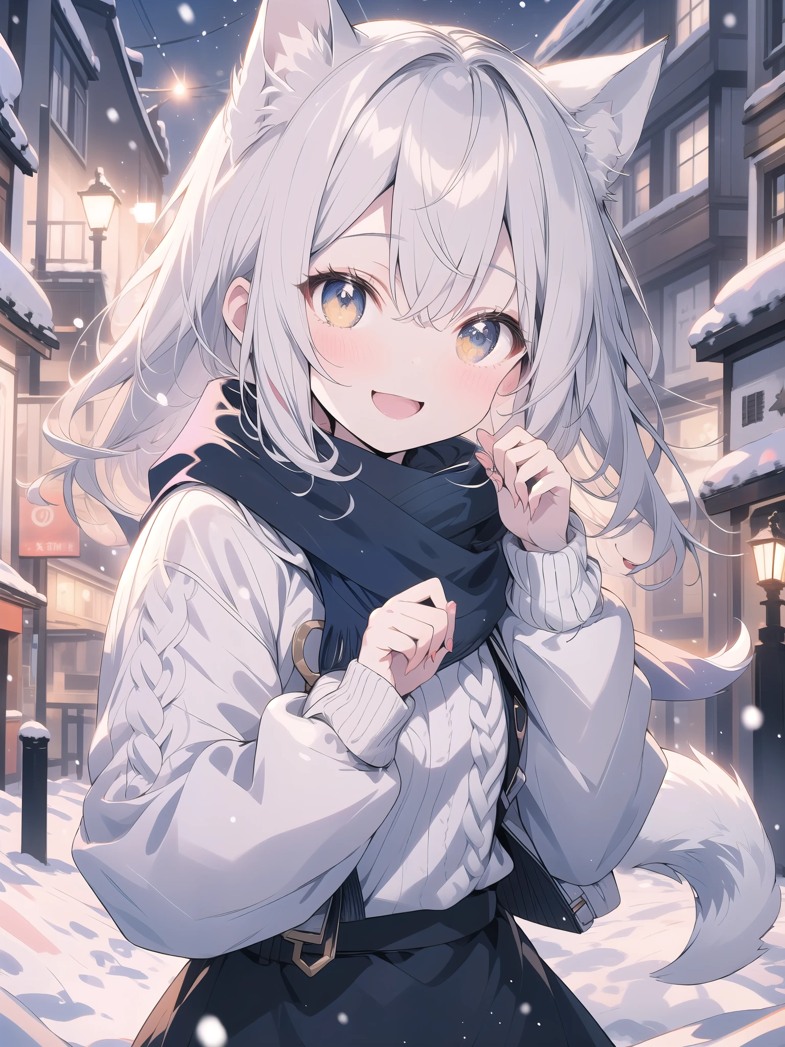 ((Blurred)),(Pale colors),Golden Ratio,white hair, dog ears, sparkle, film grain, uhd, masterpiece, super detail, high details, high quality, highres, best quality, 4K,((claw pose)),upper body,fang,:d,aran sweater,Samoyed girl、Samoyed,Fluffy clothes、cute、Background of the snow country,((dog tail)),Fluffy scarf,Snow is falling,Light production、Street lights illuminate,Beautiful night view