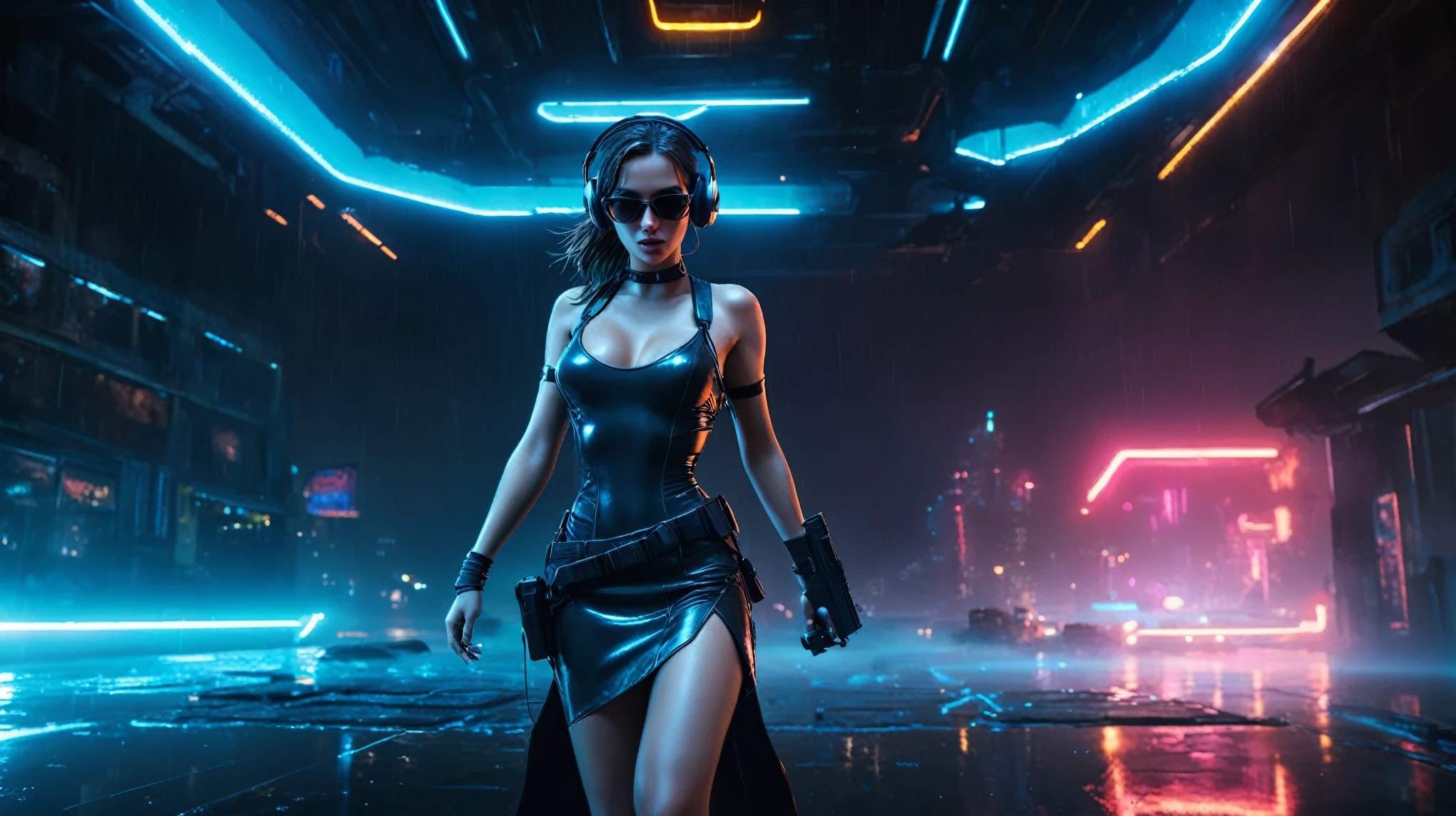 (aerial view, a flying cars docking platform, a very dark abandoned futuristic city, neon lights), rainy night. A girl as Lara Croft, solo, alone, large-breast:1.2 slim body, cleavage:1.1, sexy wind blowing wet dress:1.4, (headphone, black sunglasses), (((((she raised:1.8 a pistol:1.8 and took aim at viewer))))), dynamic pose, (((half-body thigh level medium shot))), cinematic lighting, lens flare, ray tracing.