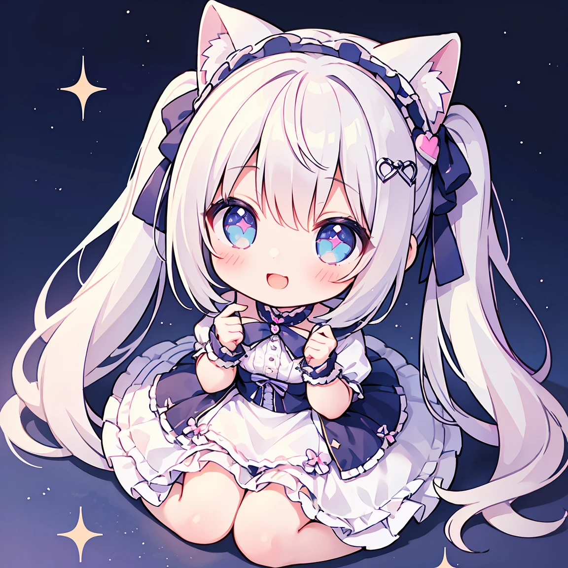 masterpiece, Highest quality, Highest Resolution、One Girl、from above, Looking up、full body、pastel colour、Gothic Lolita、Heart with fingers、Cute Dresses、Sparkling eyes、A smile that will captivate you、White background、Very long twin tails、Sitting、Looking at me、