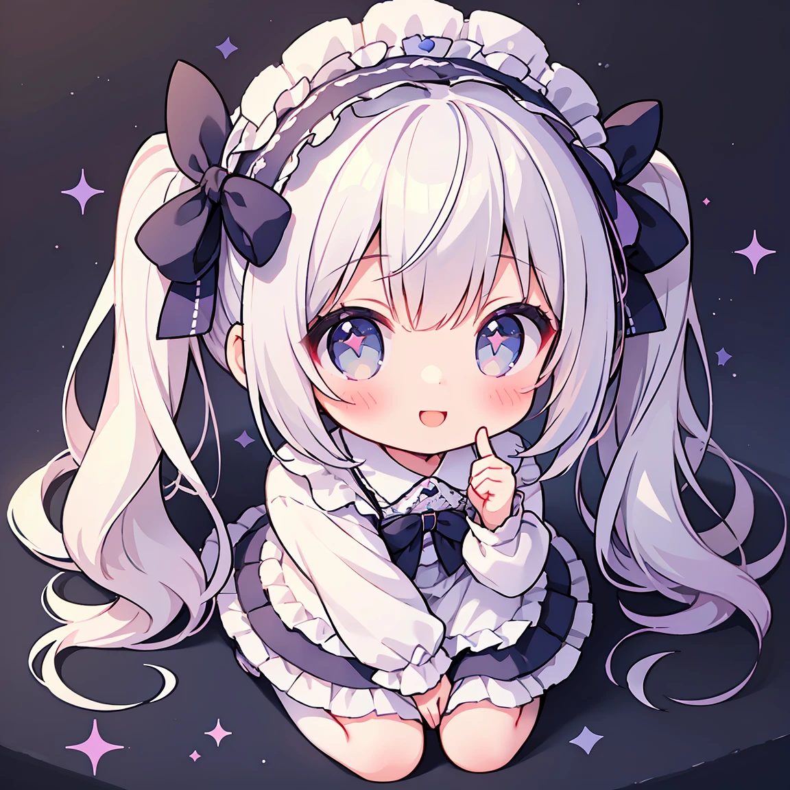 masterpiece, Highest quality, Highest Resolution、One Girl、from above, Looking up、full body、pastel colour、Gothic Lolita、Heart with fingers、Cute Dresses、Sparkling eyes、A smile that will captivate you、White background、Very long twin tails、Sitting、Looking at me、