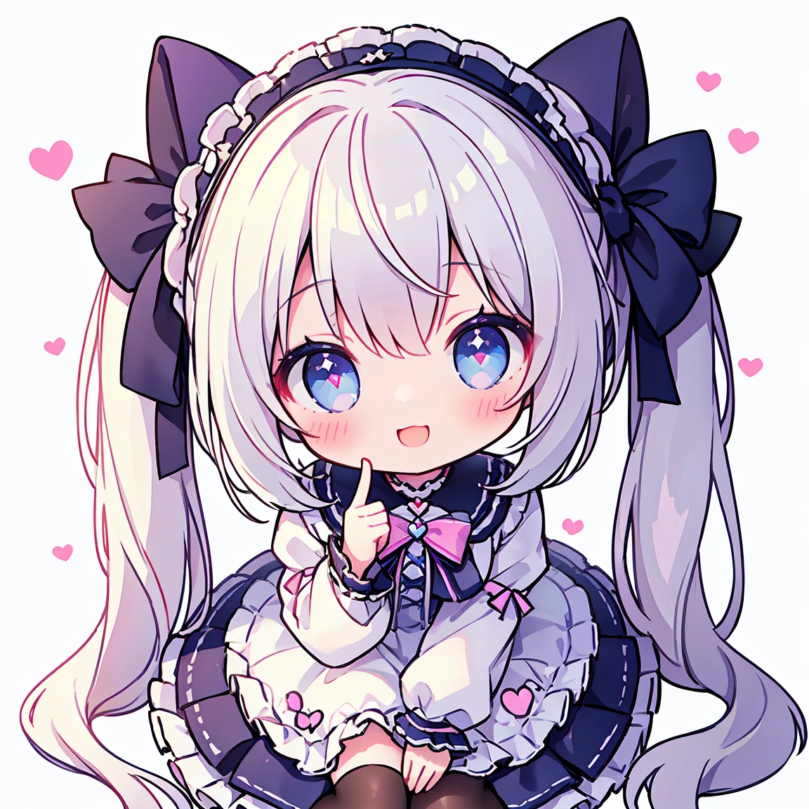 masterpiece, Highest quality, Highest Resolution、One Girl、from above, Looking up、full body、pastel colour、Gothic Lolita、Making a Heart with Fingers、Cute Dresses、Sparkling eyes、A smile that will captivate you、White background、Very long twin tails、Sitting、Looking at me、