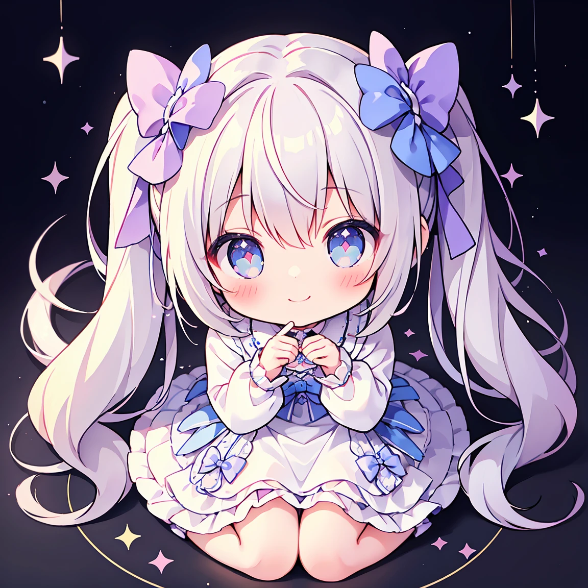 masterpiece, Highest quality, Highest Resolution、One Girl、from above, Looking up、full body、pastel colour、Gothic Lolita、Making a Heart with Fingers、Cute Dresses、Sparkling eyes、A smile that will captivate you、White background、Very long twin tails、Sitting、Looking at me、