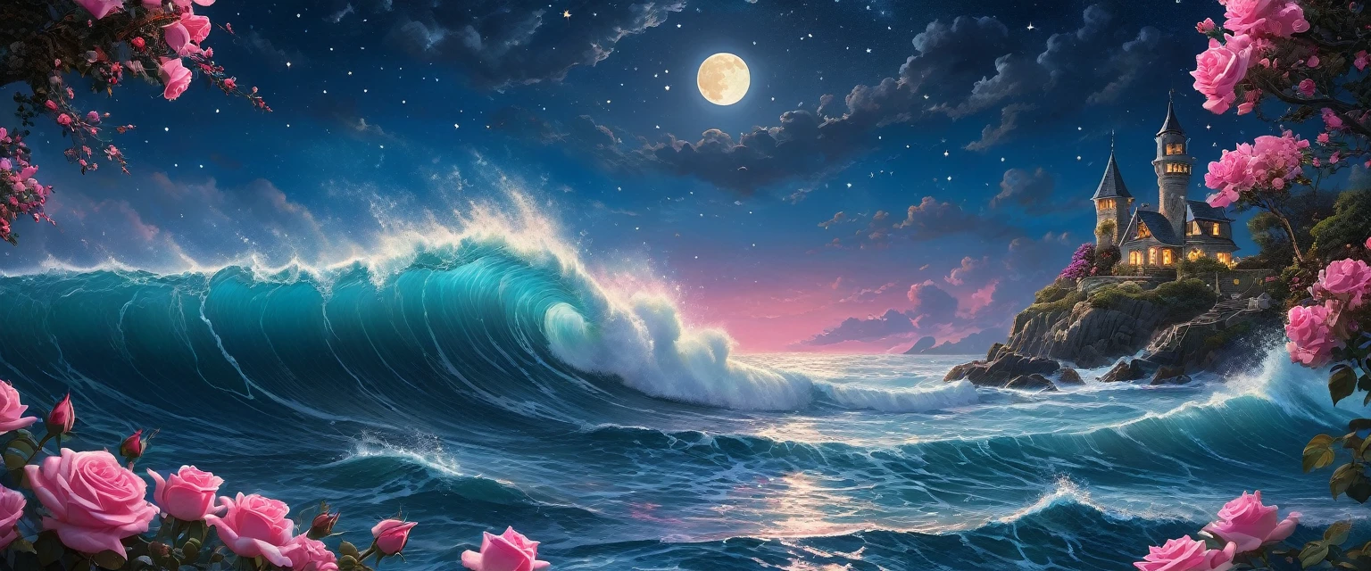 Zeen Chin Style hyperréaliste Un beau tableau de ciel étoilé,couche après couche d&#39;énormes vagues,eau d&#39;un bleu profond,roses roses de différentes tailles,Romantique,Onirique,Clair de lune,Thomas Kinkadé,ultradétaillé,illustration,4k,Tendances sur ArtStation,au-dessus de+Super grand angle,Greg Rutkowski,Tendances sur ArtStation