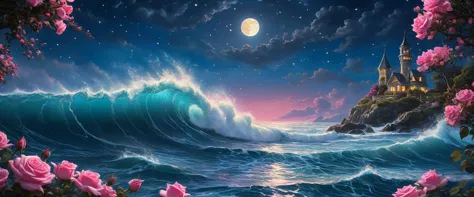 Zeen Chin Hyperrealistic style A beautiful painting of starry sky,layer upon layer of huge waves,deep blue water,pink roses of d...