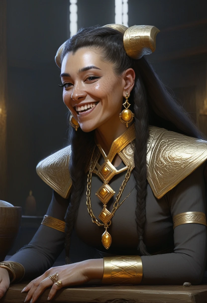 Best quality,Masterpiece,Masterpiece portrait,Complex details,Epic light,imaginary,Dungeons & The dragon's,Retro,a priest,Dark dwarf,1girl,Wooden table,pub,Gray skin,Elegant smile,squint,Close-up of a Mycenaean female wearing gold jewelry, Spiders:0.9, networks:1.0, imaginary, Volumetric lighting, Concept art, Brush stroke style, featuring.artstation, Common, Very detailed, Art by Greg Rutkowski  