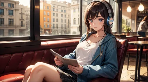 girl with headphones enjoying music in a cafe　i am studying　emphasize a little bit of the chest