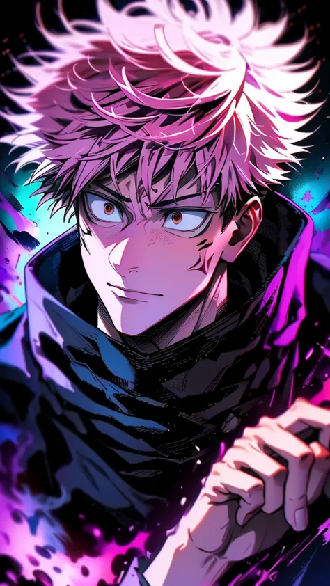 a male character named "royamen sukuna" in. "jujutsu kaisen" story series, has short, dry, pink hair, is dressed in a black hood...