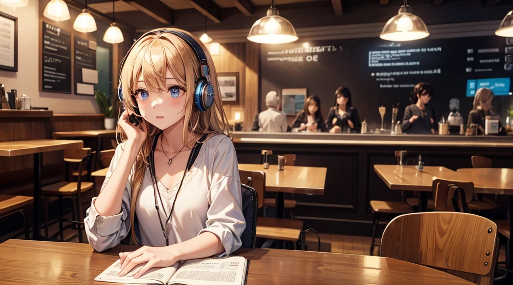 Girl with headphones enjoying music in a cafe　I am studying　Emphasize a little bit of the chest