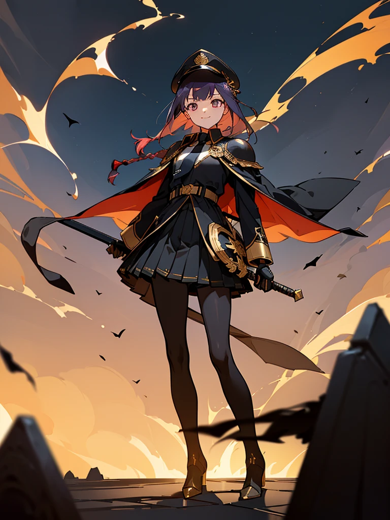 realisitic, City Deserted, Pile of rubble, Brick building, a one woman (1, far away blackw hair, far away slits, Eyes red, glare eyes, Exquisite face, standing (In floor, feet shoulder-width apart), Lolita style military uniform (blackw base, Red Insert, golden decoration, ruffles, wide sleeves, dainty and delicate detailing armors), blackw far away gloves (blackw, Red Insert, golden decoration, small hands, armors), blackw far away gloves, knee high boots (blackw, high-heels, red soles), ha (blackw, aba dourada, shield emblem, delicate details), arms in front, Front of belly, Holding military swords with both hands (blackw, golden decoration, delicate detail, Handle at the top, Ground-facing blade, in front of the body, far away), night sky (blackw, stars, Increased flames and smoke) Pale painting style, One Girl, super high quality, Super Detail, Super Detailed image, long hair, looking at viewer, skirt, shirt, hair ornament, violet eyes, gloves, round glasses, long sleeves, hat, closed mouth, jacket, violet hair, braid, open clothes, necktie, black gloves, black skirt, uniform, single braid, open jacket, black jacket, black headwear, Bracelet, Peaked cap, black necktie, cropped jacket, military hat, pantyhose, Flat Chest, smile, Black Cape