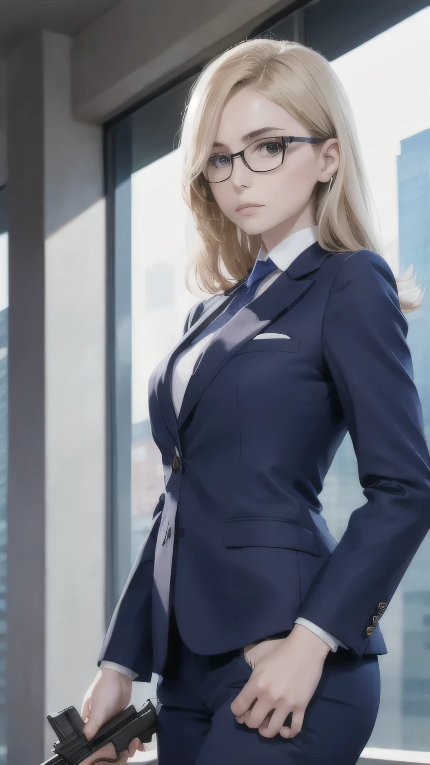 Portrait of a beautiful woman holding a gun,alone,20-year-old,Beautiful Face,Upper Body,Great style,Hair on one eye,Medium Sidecut, Blonde, Sharp focus,Black business suit,Glasses