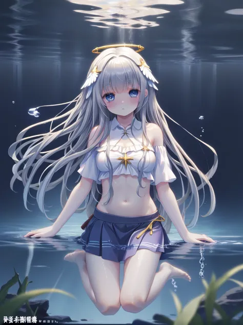  Partly underwater, lakeの女神, Long hair, Wet hair,
lake,Dark background, Blur edges,8 year-old、flat chest、skirt、Neck above waterl...