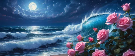 (masterpiece:1.4),(best quality,photorealistic), A beautiful painting of starry sky,layer upon layer of huge waves,deep blue wat...