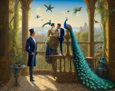 painting of a couple on a balcony with a peacock and a bird, romantic painting, romantic era painting, michael cheval (unreal en...