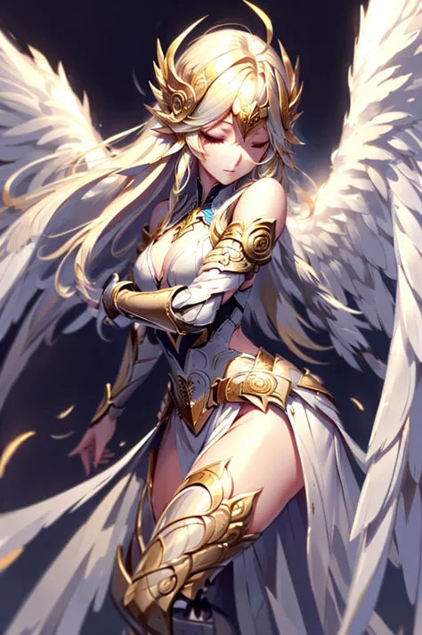 Seraph Raphael,Long hairstyle,Blonde,Close your eyes,Hand,Big rainbow,Blue sky,Feathers Flying