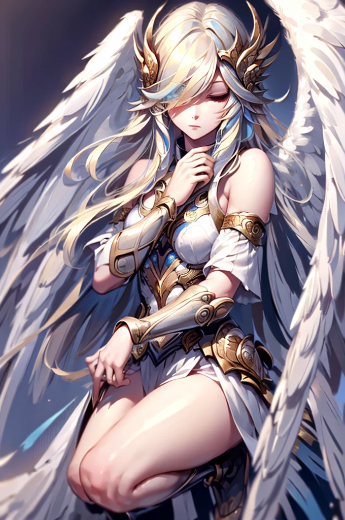 Seraph Raphael,Long hairstyle,Blonde,Close your eyes,Hand,Big rainbow,Blue sky,Feathers Flying