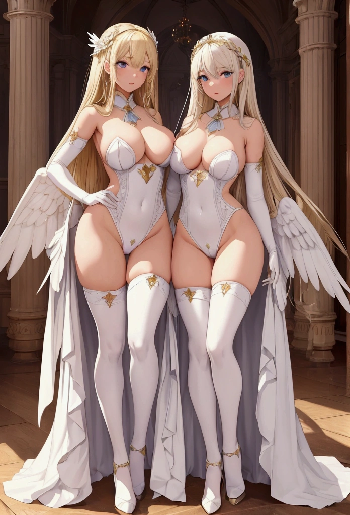 (Masterpiece), (need), (Super detailed), (Full Body Love: 1.2), (I am), Two twins with breasts, One is blonde，The other is white hair，Wear the costume of an angel，Has beautiful white wings, The characters return to their