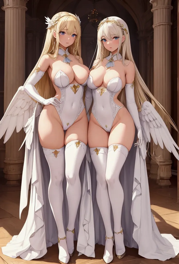 (masterpiece), (need), (super detailed), (full body love: 1.2), (i am), two twins with breasts, one is blonde，the other is white...