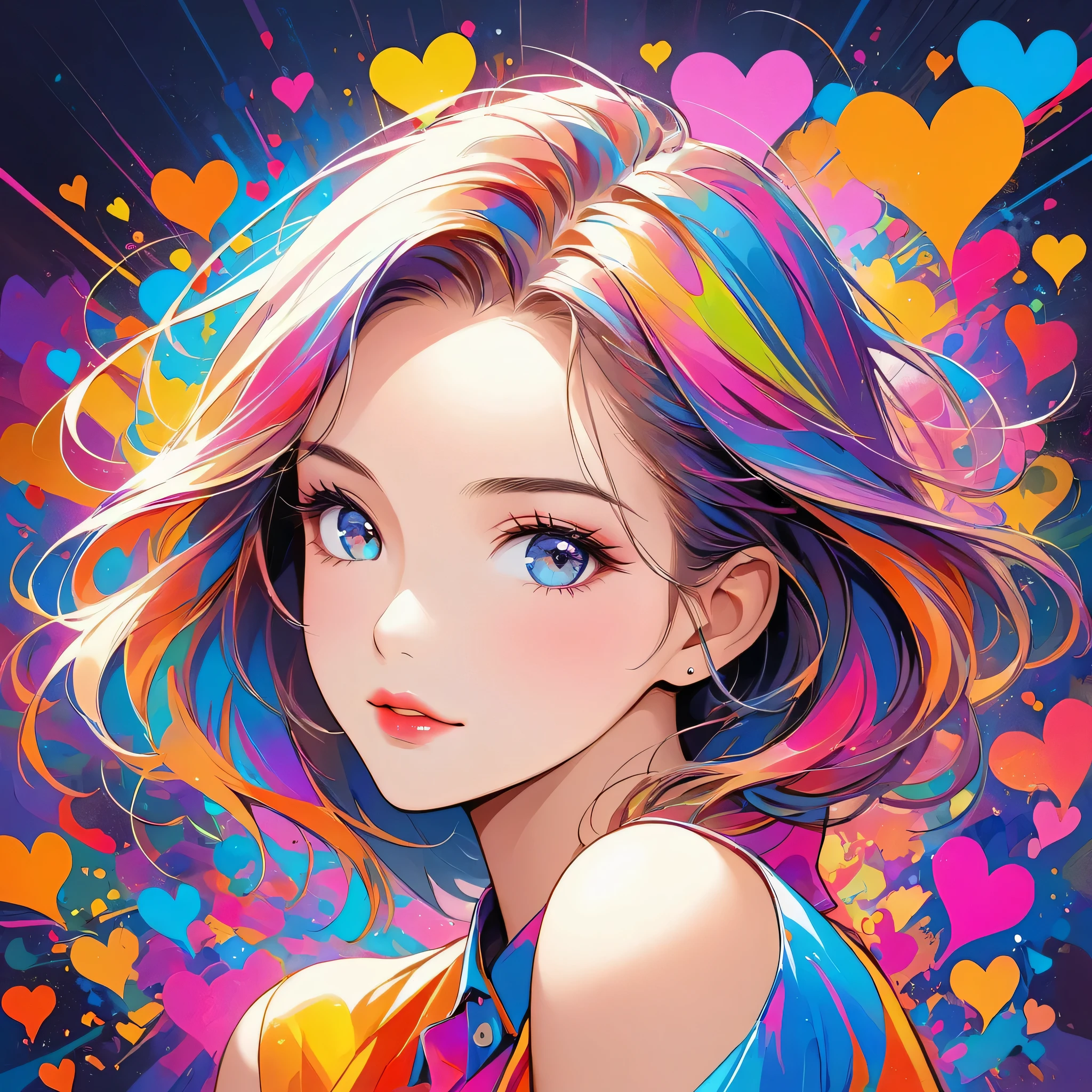 Estilo colorido de Christian Riese Lassen, Inicialismo de línea simple，Arte abstracto，Fondo urbano, (((La chica más bella de todos los tiempos.))), carita linda. Labios enamorados, corazones de colores, Diseño elegante