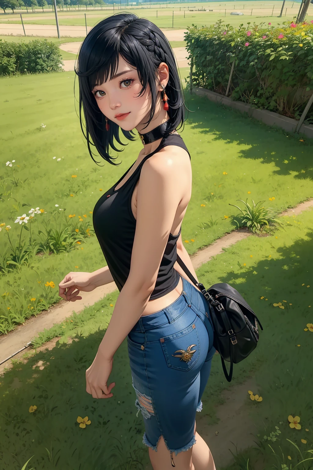 a beautiful woman with short black hair(( yelan genshin impact)), black choker ,big breasts, wearing a pink tank top and short mini jeans, front view, smiling, standing in an open grassy field with a clear sky, View from below, fullbody shot, long shot, 