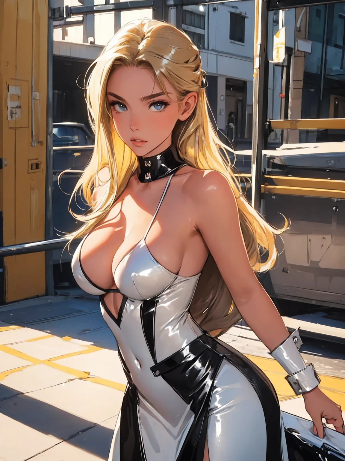 (best quality: 1.2), clean face, (masterpiece: 1.2, 8k) perfect anatomy, 1 girl) a beautiful fashion model ,(masterpiece, official art, best quality  shiny hair, blonde hair with streaks in hair, full lips,  big breasts, slutty outfit, cleavage, shiny breasts,shiny skin, looking at viewer, (slave dancer  outfit), long abdomen, horizontal, lounging, a single girl