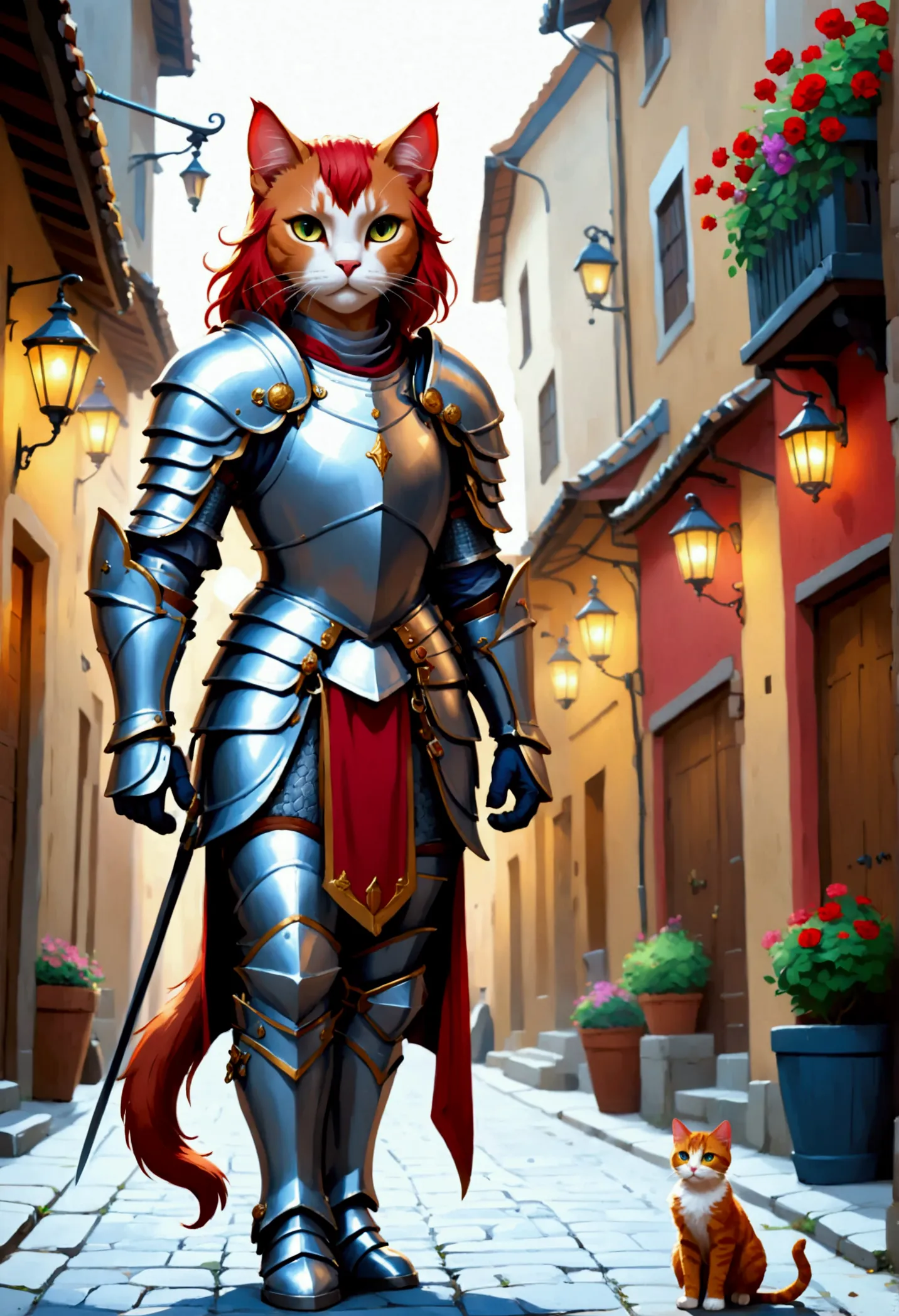 arafed a  ((huge sized cat: 1.3))  near a human knight walking in  fantasy street, a ((cat big as a horse)), the cat is wearing ...