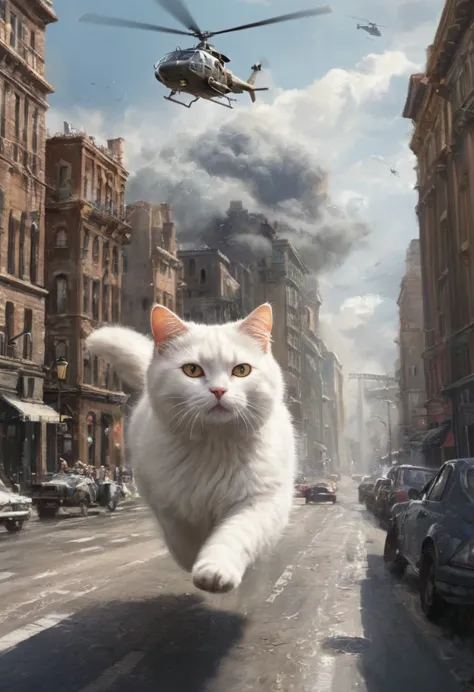 cute, absurd, exquisite, fun, a colossal white and brown cat, is running through the city, causing chaos among cars, helicopters...