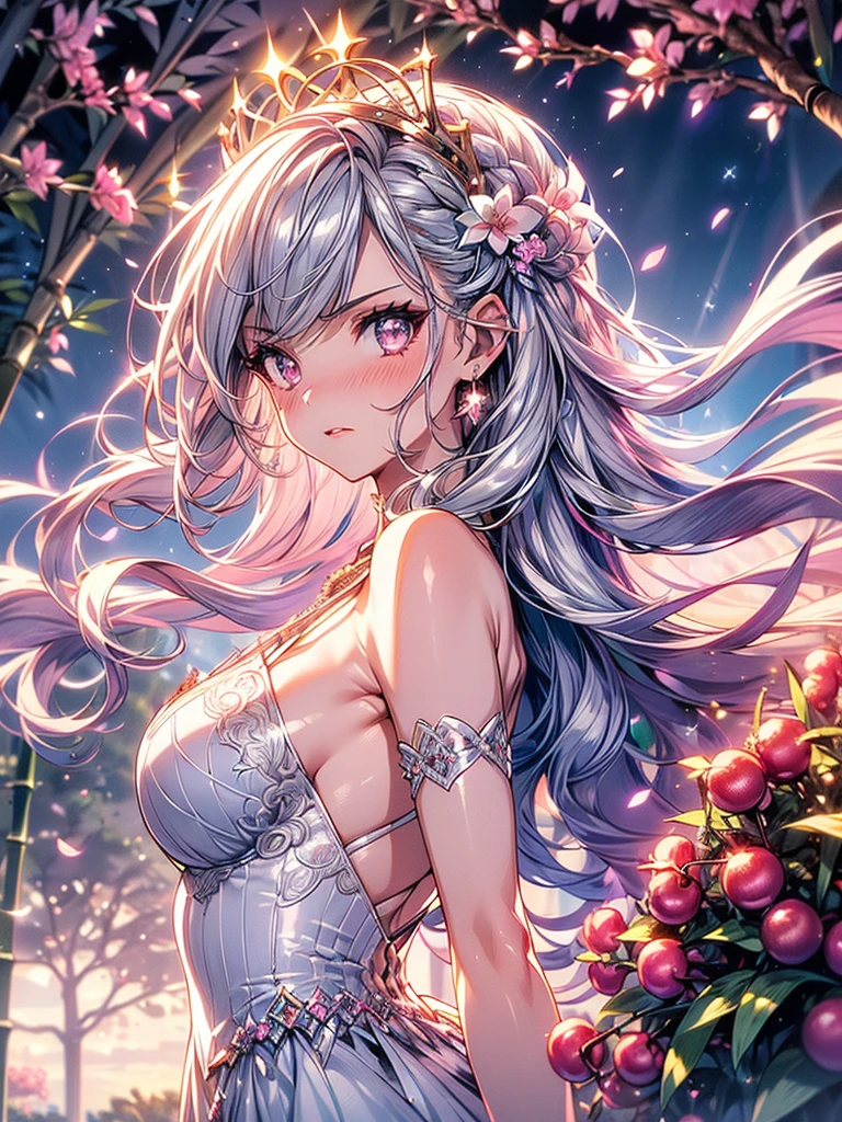 mature woman, 1girl, (masterpiece, best quality, ultra-detailed), sharp focus, detailed face, face focus, extremely detailed eyes, long hair, crown braid, hair over the shoulders, (silvery-purple hair: 1.3), purple eyes, (sparkling eyes: 1.2), long eyelashes, (strong blush, drunk: 1.2), delicate makeup, big breasts, ((pink and white complicated dress, bare shoulders, décolleté)), ((dusk, holding diamond shard, discovery, bamboo shoots background, grass,  green particles around, calm lake, cherry blossom background, breeze)), cinematic lighting, edge lightning, ray tracing, shading, dynamic angle, angry, crazy, angry, belligerent, annoyed,