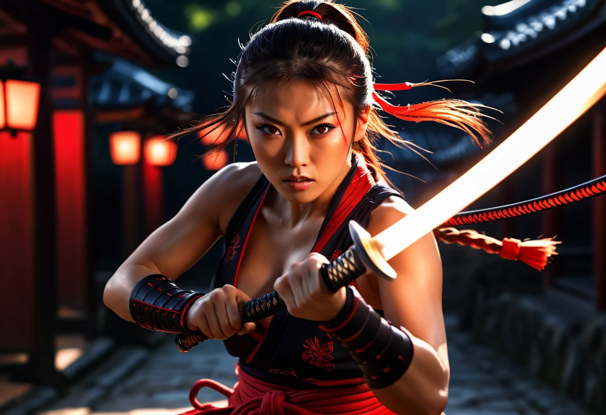 1girl samurai, micro bikini, epic fighting stance, swing sword of fire, jumping, dodging, white light trail behind her movement, cinematic motion, dramatic light, dimmed light, UHD, fine contrast, perfect face, focused eyes, mean sight, red light eyes, long ponytail, UHD, masterpiece, best quality wallpaper, above view