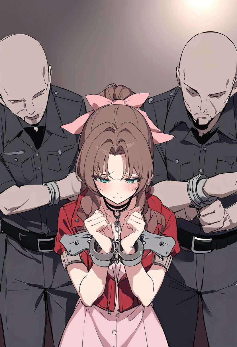 masterpiece, best quality, 1girl, anime style, pastel colors defaerith, braided ponytail, pink hair bow, choker, necklace, cropped jacket, red jacket, short sleeves, pink dress, extremely detailed,high definition restrained,police,arrest,restrained,shackles,(((handcuffs, cuffs, upper body, handcuff, bound wrists))),masterpiece, best quality,aerith gainsborough handcuffs behind her back,.behind her back position.escort in handcuffed.handcuffed behind back.aerith handcuffed,aerith handcuffed behind her back.arrested.l.aerith handcuffs behind back by police