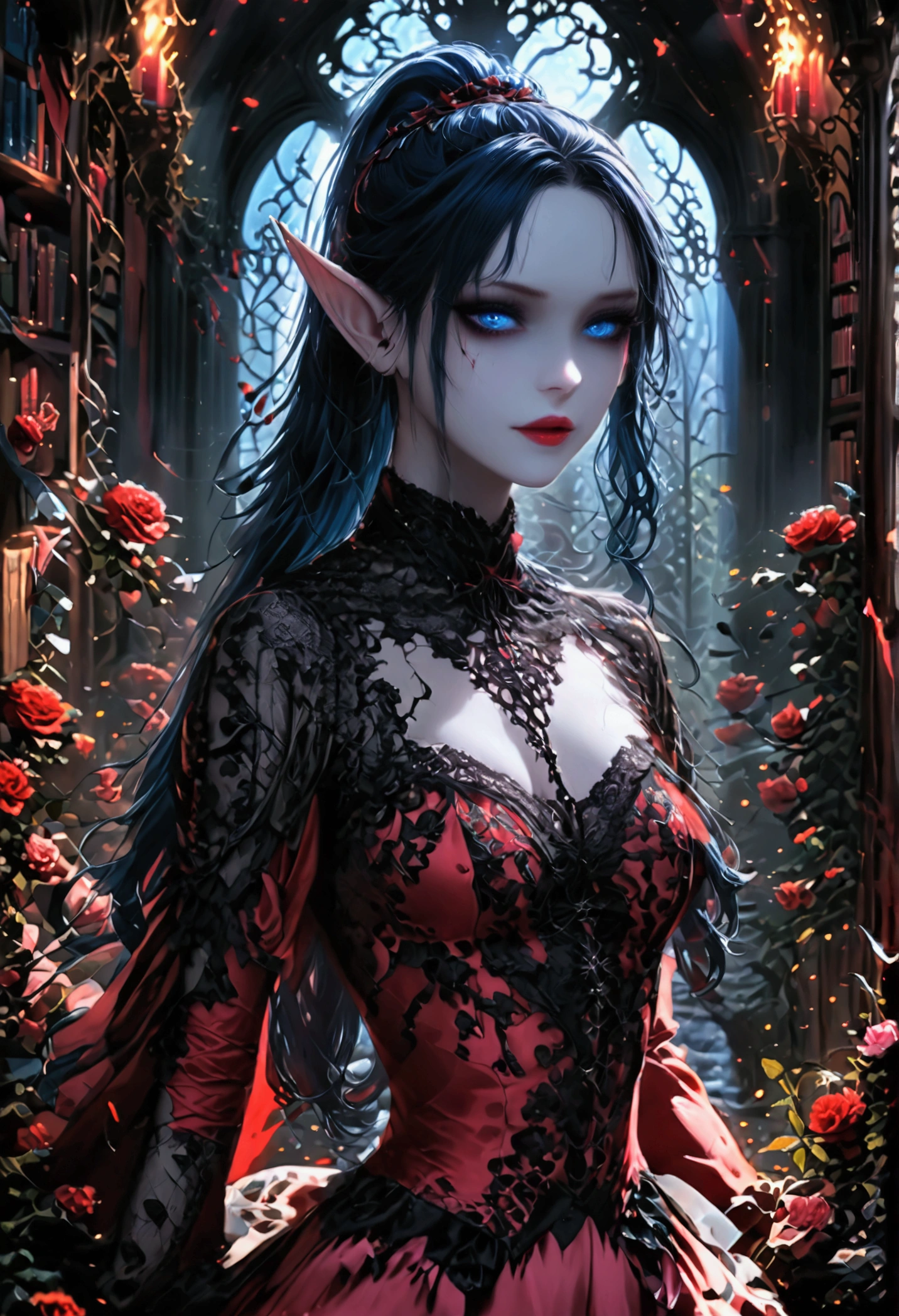 arafed a picture of elf vampire in her castle. an exquisite beautiful, busty, female elf vampire (ultra details, Masterpiece, best quality), full body, ((anatomically correct: 1.5) bloody mouth, black and blue hair, pale skin, hair in a ponytail, long hair, blue eyes, (small pointed ears: 1.2), cold eyes, smirking, wearing pink dress (ultra details, Masterpiece, best quality), red cloak, wearing high heels, in dark fantasy library, book shelves, vibrant, Ultra-high resolution, High Contrast, (masterpiece:1.5), highest quality, Best aesthetics), best details, best quality, highres, ultra wide angle, 16k, [ultra detailed], masterpiece, best quality, (extremely detailed) RAW, dark fantasy art, gothic art, wearing Haute_Couture designer dress, Dark Novel, Dark Art Painting Style, dripping blood, hud_s1n, short black dress, long sleeves, veil, thighhighs, digital painting, elf, Gothic