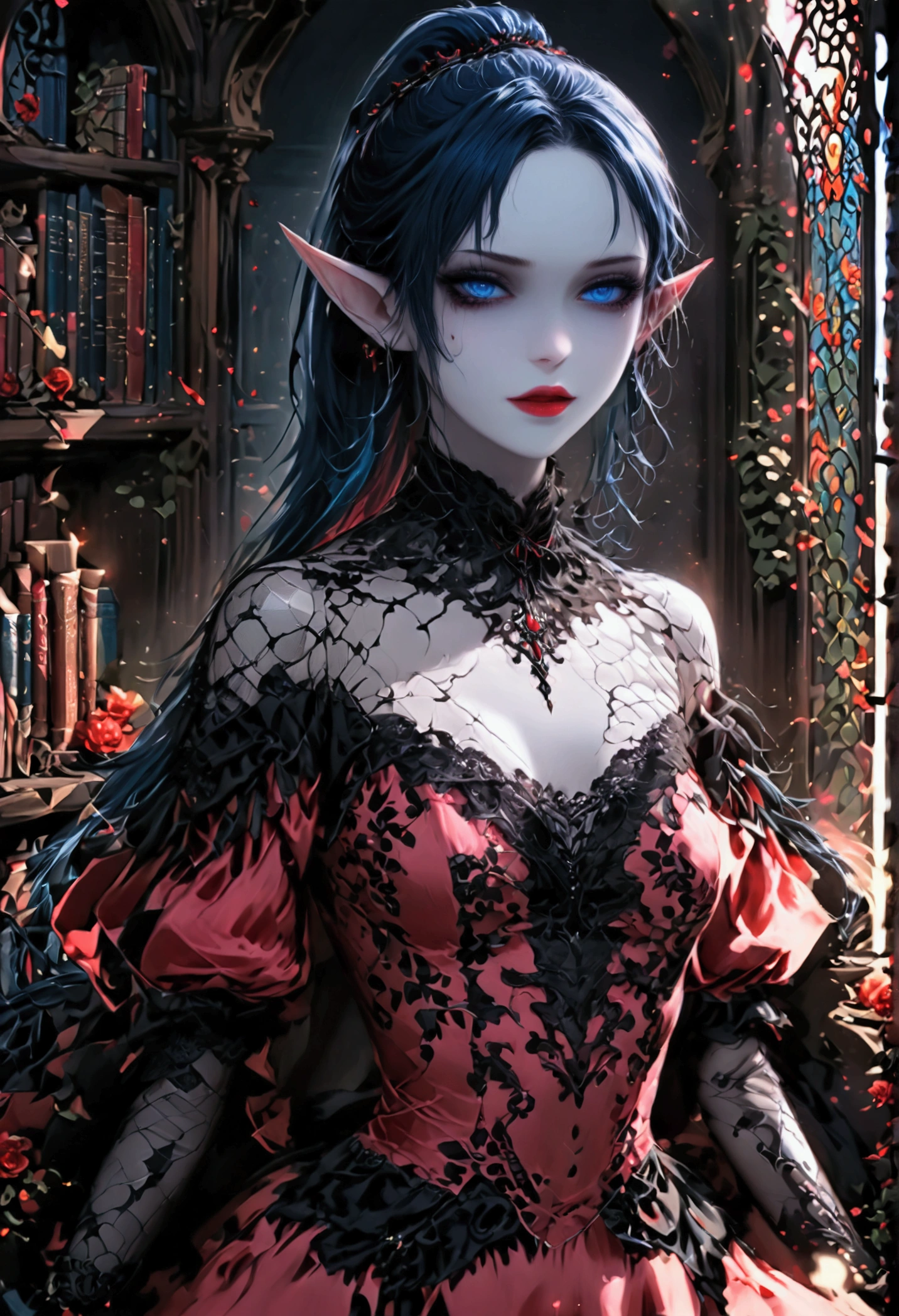 arafed a picture of elf vampire in her castle. an exquisite beautiful, busty, female elf vampire (ultra details, Masterpiece, best quality), full body, ((anatomically correct: 1.5) bloody mouth, black and blue hair, pale skin, hair in a ponytail, long hair, blue eyes, (small pointed ears: 1.2), cold eyes, smirking, wearing pink dress (ultra details, Masterpiece, best quality), red cloak, wearing high heels, in dark fantasy library, book shelves, vibrant, Ultra-high resolution, High Contrast, (masterpiece:1.5), highest quality, Best aesthetics), best details, best quality, highres, ultra wide angle, 16k, [ultra detailed], masterpiece, best quality, (extremely detailed) RAW, dark fantasy art, gothic art, wearing Haute_Couture designer dress, Dark Novel, Dark Art Painting Style, dripping blood, hud_s1n, short black dress, long sleeves, veil, thighhighs, digital painting, elf, Gothic