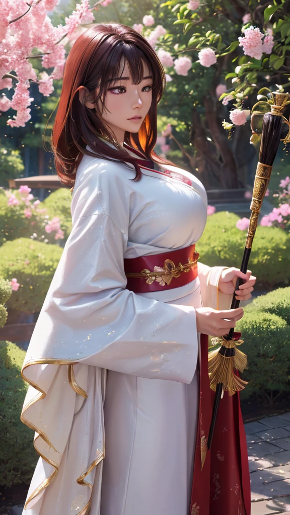 (((8k))), (((High resolution))),((Highest quality)),Beauty,Wizard,Serious face,Cane,Caneを右手に握っている,Shrine garden,SakuraFubuki,Ultra-realistic,8k,Ultra-fine,Super detailed,Sparkling,A red aura emerges from the body