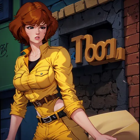 absurdres, april o'neil, 1girl, short brown hair, black eyes, upper body, yellow jumpsuit, sleeves rolled up, white belt, showin...