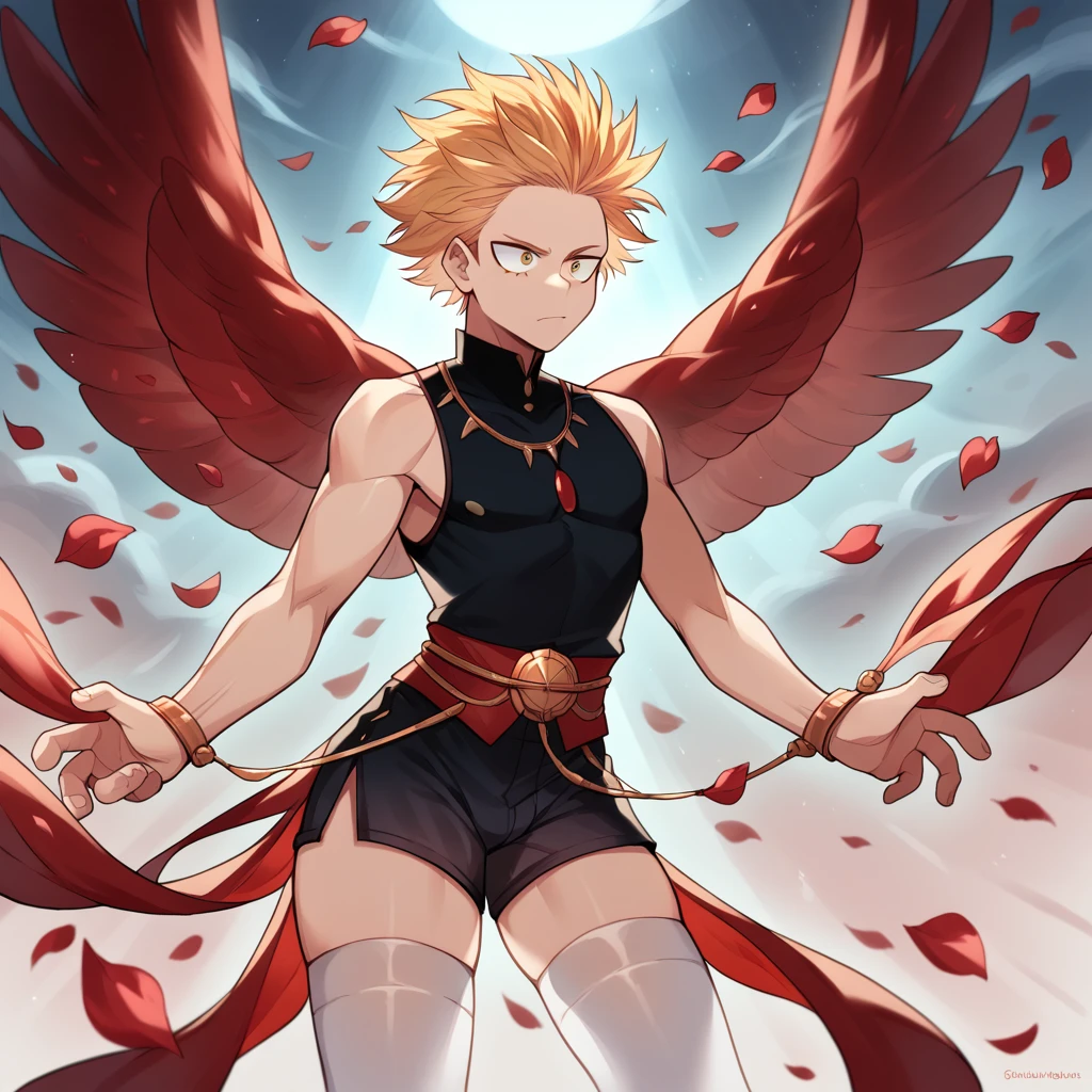 [1], Alone, short stature, blonde gay boy, submissive, slicked back hair, two front strands that stick out, tousled locks, gold eyes, black line in your tear ducts, red wings on the back, red bird tail, delicate hands, fine ranges, delicate, submissive, curvy thighs, small waist, dress: dark necklace , white thigh length sleeveless long collar shirt, dark shorts, long dark thigh high stockings, seated, apariencia submissive, delicate , cherry petals, Hawks, Boku no Hero Academia