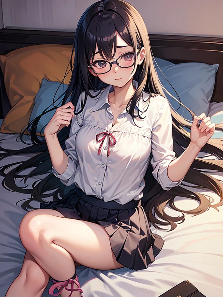 roli1.5 Anime girl with glasses and skirt lying on bed, a hyperRealistic , hyperRealistic , Anime Moe Art Style, Realistic , Nagatoro, Enchanting anime girl, Cute girl anime visuals, Naughty anime style, Naughty, Anime Best Girl, , Realistic young gravure idol, Cute Anime Girl