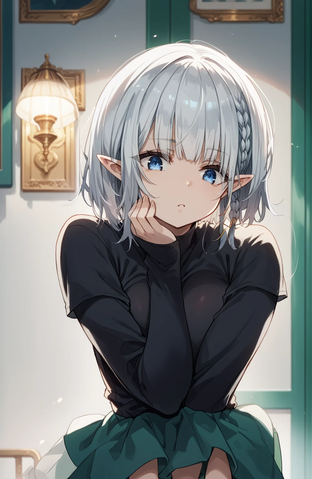 short hair,silver hair,blue eyes,elf,black shirt,big breast,looking down on viewer
