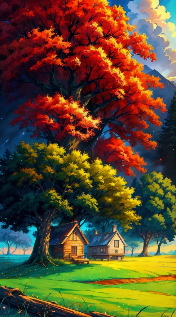 (masterpiece), a painting of a cabin under a tree in a field, makoto shinkai cyril rolando, anime art wallpaper 4k, anime backgr...