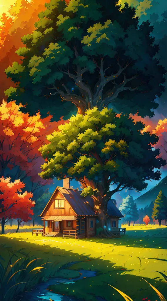 (masterpiece), a painting of a cabin under a tree in a field, makoto shinkai cyril rolando, anime art wallpaper 4k, anime backgr...