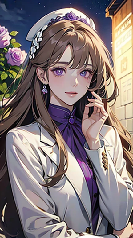 Masterpiece, high quality, Single female, Ethereal, beautiful, portrait, two metres long light brown hair, straight hair, flowy hair, hair cascades down the ankles, side bangs, pale skin, violet eyes, vibrant violet eyes, sweet smile, colorful, viole colors, white colors, wearing a white woman's suit, wearing a white suit outside, white pencil skirt, no accessories, The face is kind, smiling, gentle, lovely, purple roses in the background, night time, purple roses, Rich in color, close-up shot, bust photo, NO hands. Look at viewer.